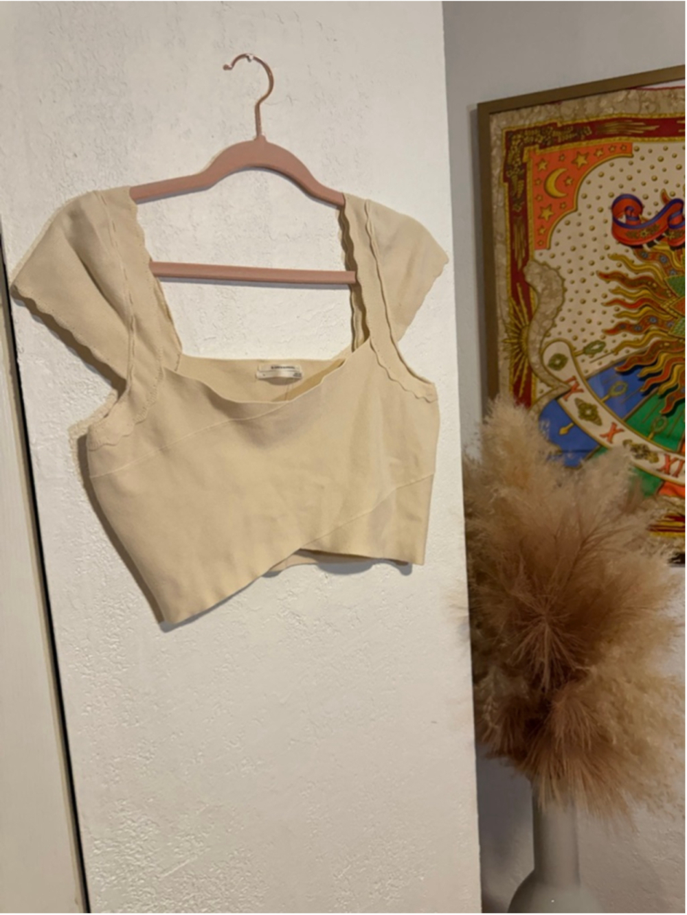 Preowned, Anthropologie, beige,cross over scalloped crop top, size large